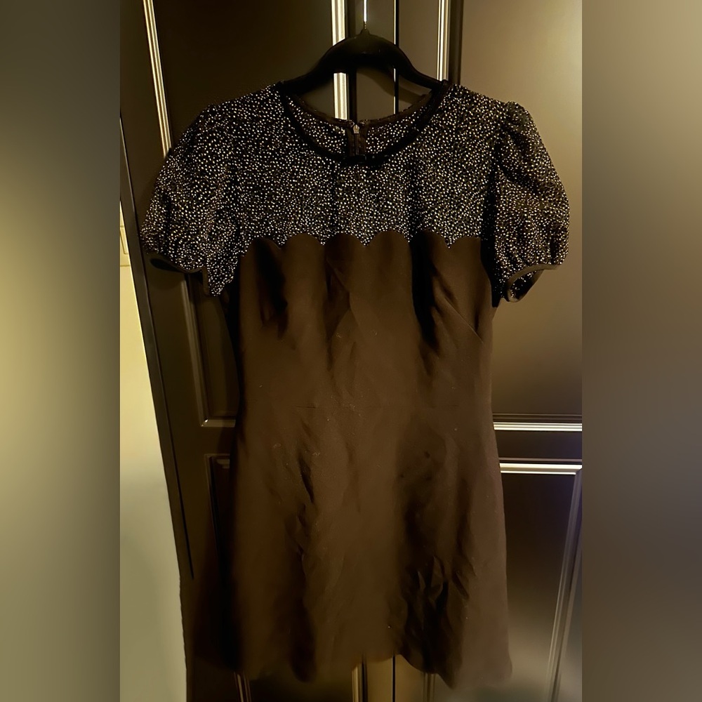 Gal Meets Glam Black Mini Dress with Polka Dot Puff Sleeves and Scallop Hem - Picture 3 of 4